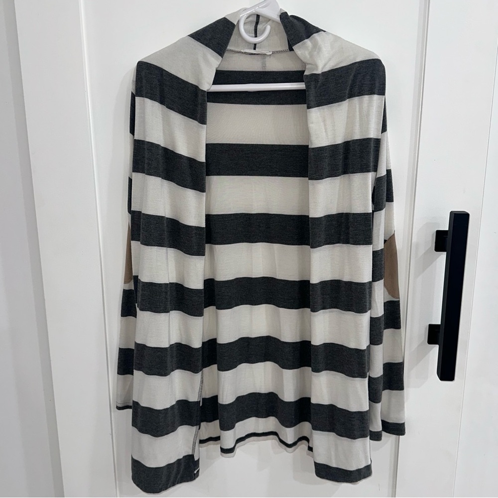 Honey Punch Striped Open Front Cardigan Elbow Patch Large